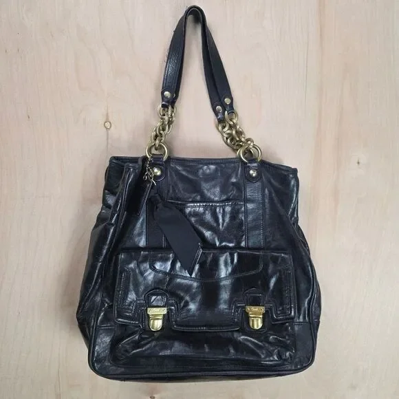 Coach Poppy Camellia Pushlock Leather Tote Glossy Black Leather #1 - Picture 10 of 14